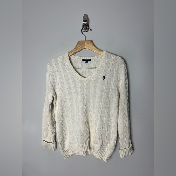 Ralph Lauren Cable Knit V Neck Cream Sweater Cotton Womens Size XL H - Picture 1 of 8